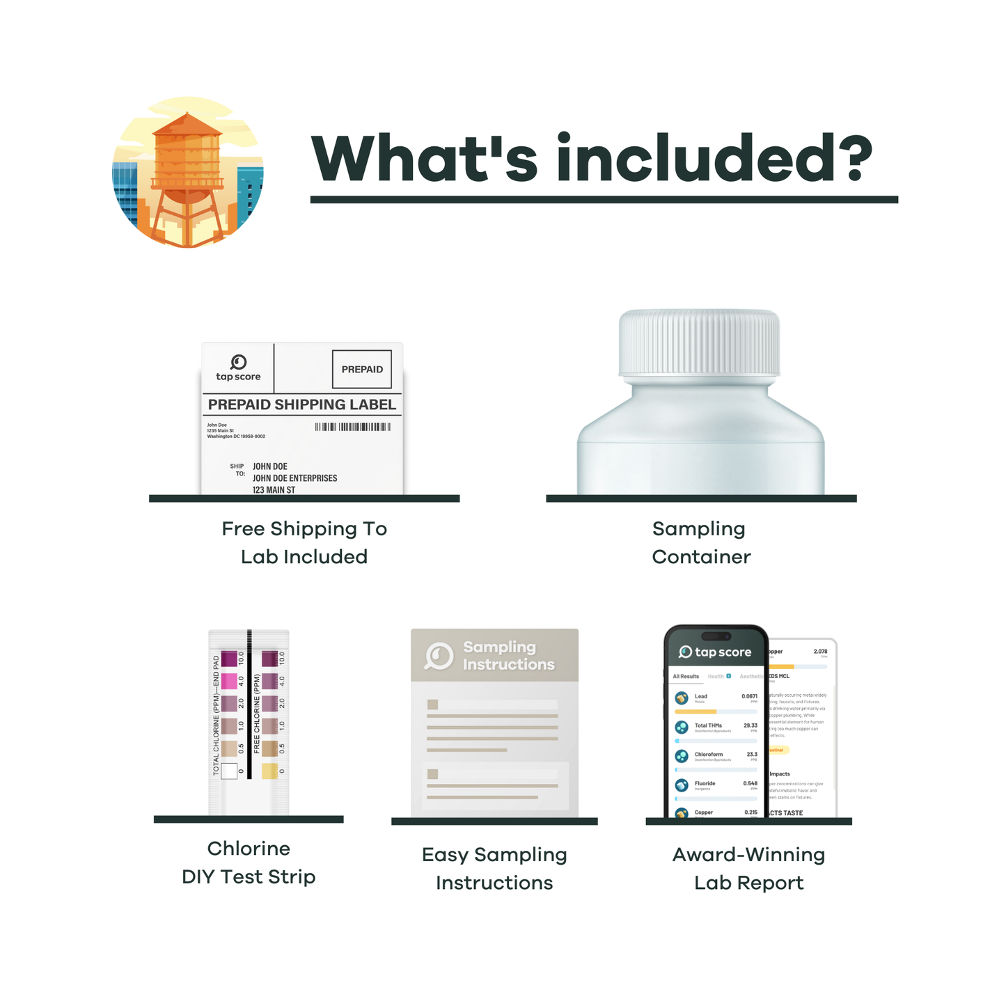 List of items included in the Tap Score city water testing kit with text 'What's included?' at the top.