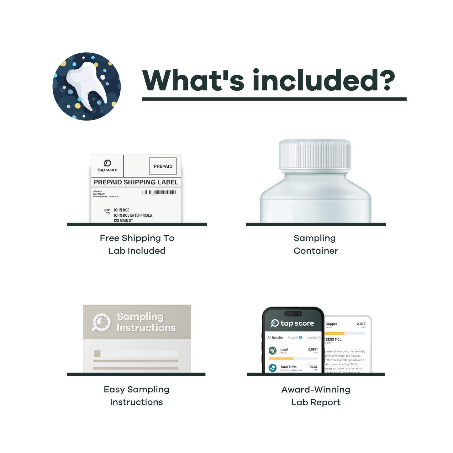List of included items for fluoride in water sampling process with icons and text on a white background.