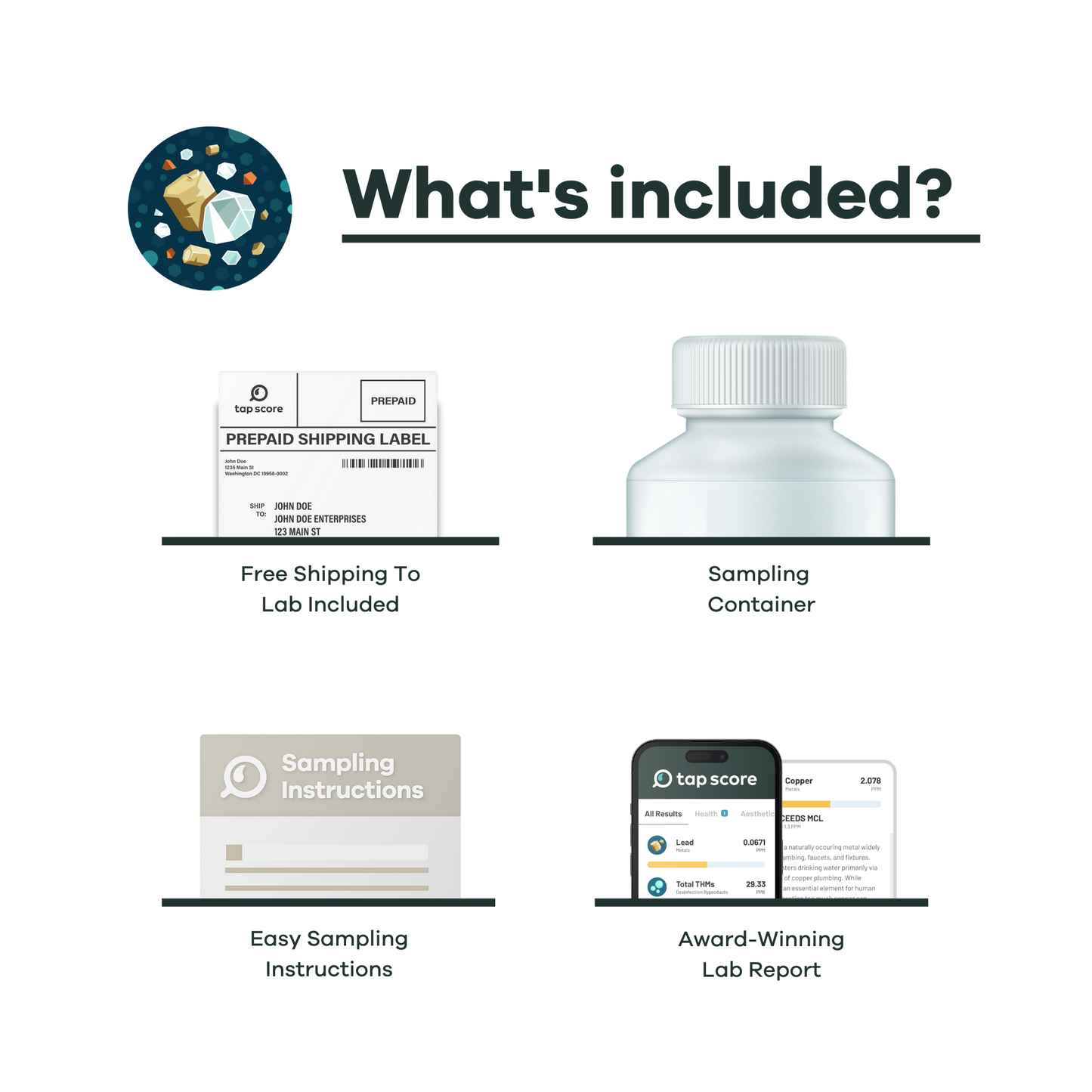 List of included items with corresponding icons and text on a white background