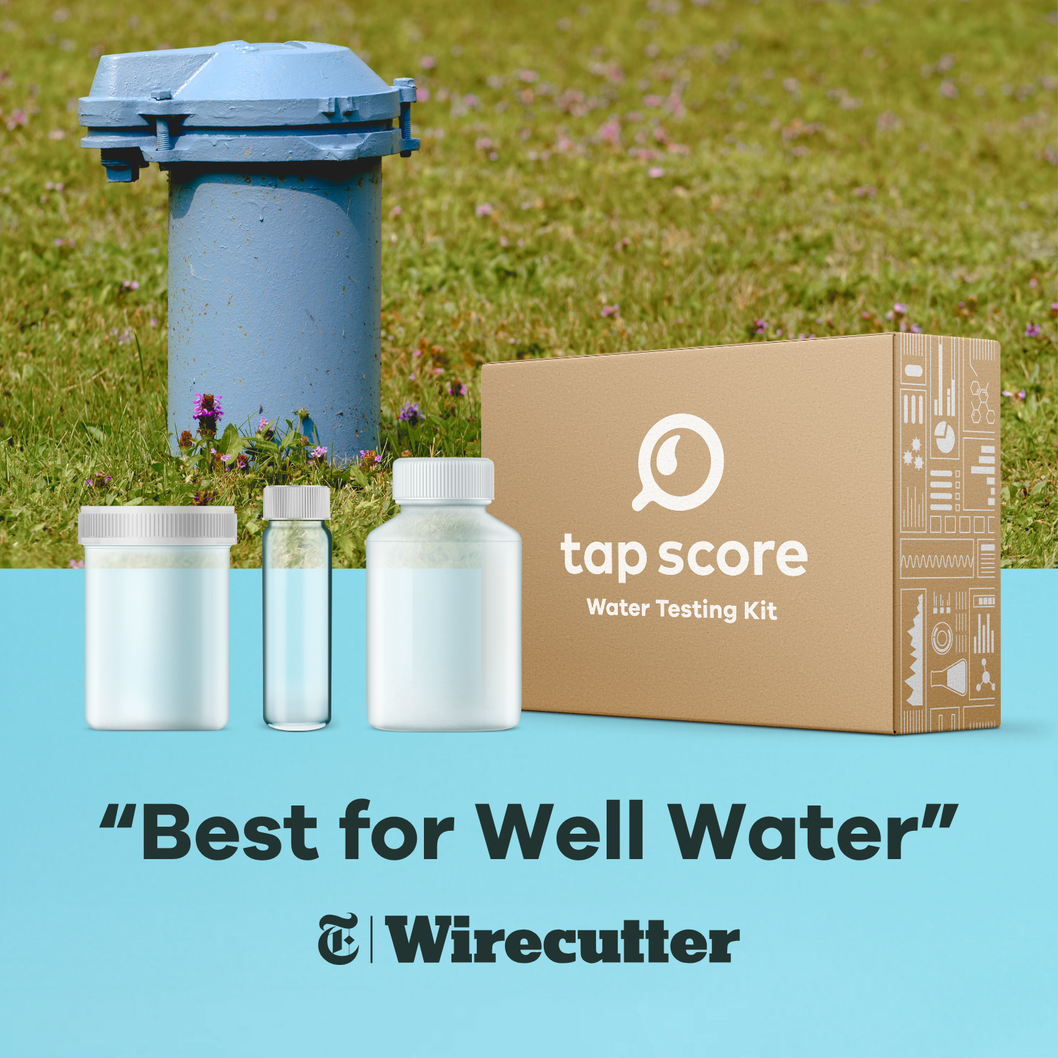 Tap Score water testing kit with containers and a box on a grassy background, featuring Wirecutter's 'Best for Well Water' label.